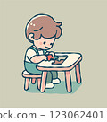 一個簡單而可愛的向量插圖，描繪了一個小男孩在餐桌上玩拼圖 123062401
