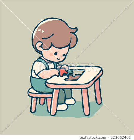 一個簡單而可愛的向量插圖,描繪了一個小男孩在餐桌上玩拼圖 一個簡單而可愛的向量插圖,描繪了一個小男孩在餐桌上玩拼圖 123062401