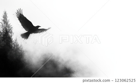 silhouette of flying bird against misty background with trees silhouette of flying bird against misty background with trees 123062525