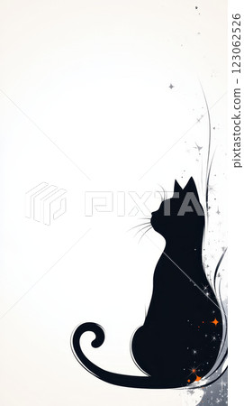 silhouette of cat with artistic swirls and sparkles on light background silhouette of cat with artistic swirls and sparkles on light background 123062526