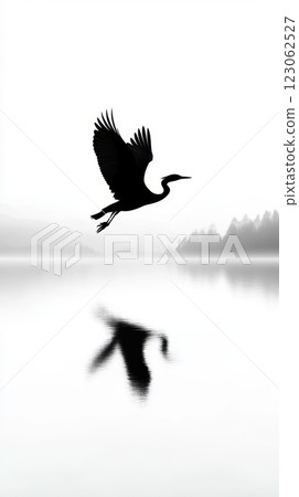 silhouette of bird flying over calm lake with reflections silhouette of bird flying over calm lake with reflections 123062527