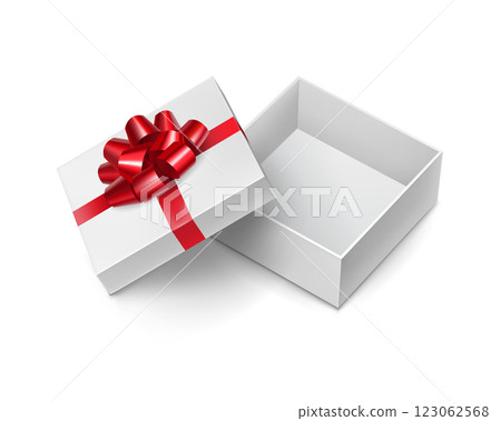 Opened short square box with red ribbon bow Opened short square box with red ribbon bow 123062568