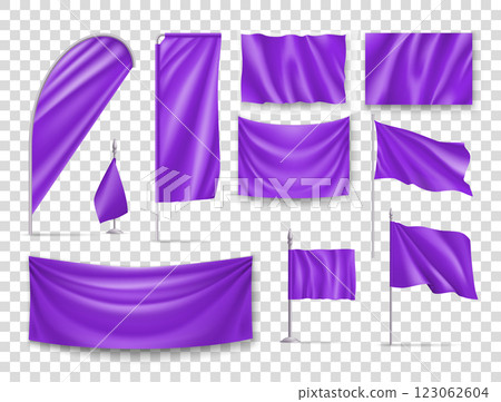 Purple rectangular flags set isolated on transparent Purple rectangular flags set isolated on transparent 123062604