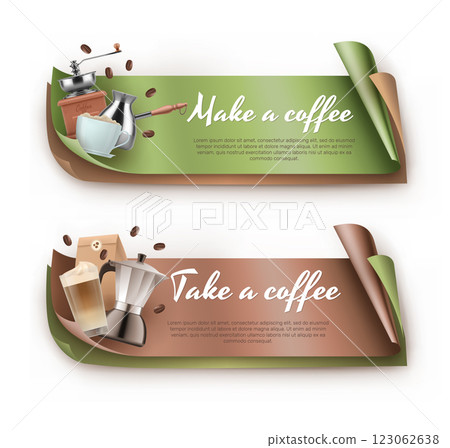 Make a coffee banners 3d vector realistic set Make a coffee banners 3d vector realistic set 123062638