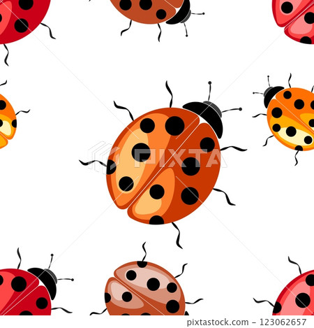 Colorful ladybug seamless pattern illustration featuring various shades and spots on a white background Colorful ladybug seamless pattern illustration featuring various shades and spots on a white background 123062657