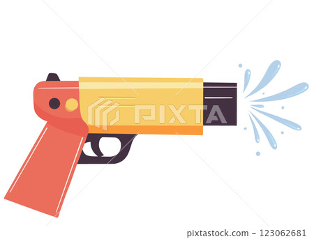 Water gun spraying water, colorful toy for summer fun, ideal for outdoor play and games. Perfect for kids and adults alike, bringing joy and excitement to any gathering 123062681