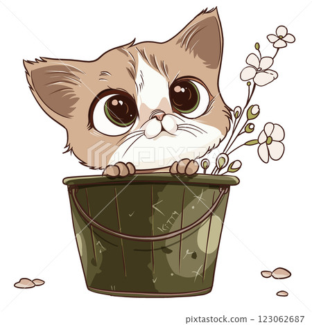 cute cartoon cat peeking out of green bucket with flowers, expressing curiosity and playfulness 123062687