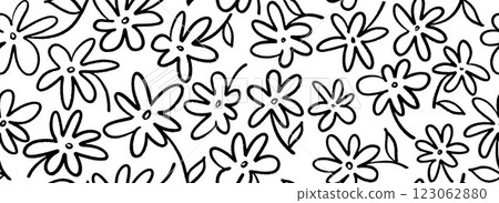 Seamless hand drawn floral pattern. Paint drawn flower motif background for fabric, cover, decor, textile print. Repeating black botanical brush stroke ornament. Vector blossom and leaves wallpaper Seamless hand drawn floral pattern. Paint drawn flower motif background for fabric, cover, decor, textile print. Repeating black botanical brush stroke ornament. Vector blossom and leaves wallpaper 123062880