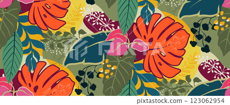Bright vector seamless pattern with colorful tropical plants and flowers, palm leaves. Cute botanical abstract contemporary endless background. 123062954
