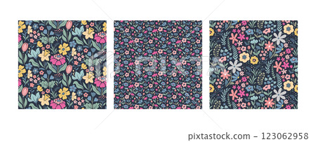 Set of three vector seamless patterns. Floral Easter spring backgrounds. 123062958