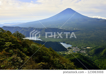 View of Mt. Fuji and Lake Saiko in summer from Kagikake in the Misaka Mountains View of Mt. Fuji and Lake Saiko in summer from Kagikake in the Misaka Mountains 123063008