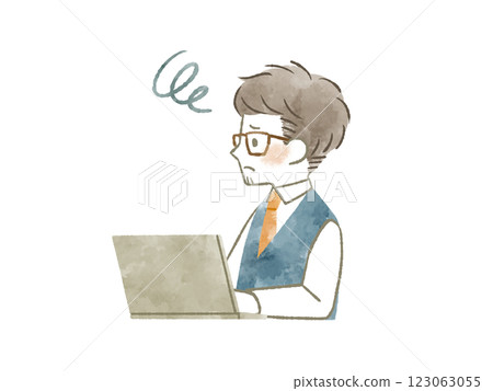 Man having trouble using a laptop - watercolor Man having trouble using a laptop - watercolor 123063055