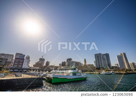 Yokohama cityscape in Japan. Strong winds (covering the city of Yokohama with dust) and the sun shining through, beautiful ripples on the sea surface... = 13th Yokohama cityscape in Japan. Strong winds (covering the city of Yokohama with dust) and the sun shining through, beautiful ripples on the sea surface... = 13th 123063098