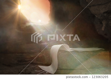 Easter resurrection concept. Jesus Christ resurrection. Empty tomb of Jesus with light. Born to Die, Rise. savior messiah redeemer gospel alive miracle. Christian religion. He is not here he is risen 123063205