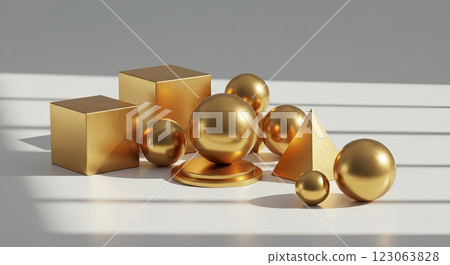 Elegant golden geometric shapes on minimalist background with shadow play Elegant golden geometric shapes on minimalist background with shadow play 123063828