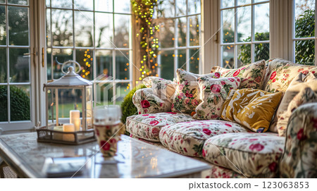 Colorful pillows on sofa against glass wall of window in a winter garden or conservatory. Interior textile concept. High quality photo Colorful pillows on sofa against glass wall of window in a winter garden or conservatory. Interior textile concept. High quality photo 123063853