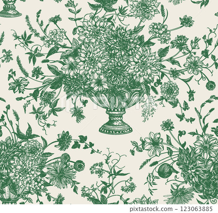 Seamless pattern with vases in toile aesthetics. Floral arrangements with flowers, berries, cereals, herbs, apples. Vintage festive background. Green. Seamless pattern with vases in toile aesthetics. Floral arrangements with flowers, berries, cereals, herbs, apples. Vintage festive background. Green. 123063885