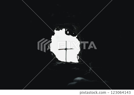 Easter resurrection concept. Jesus Christ resurrection. Empty tomb of Jesus with light. Born to Die, Rise. savior messiah redeemer gospel alive miracle. Christian religion. He is not here he is risen 123064143