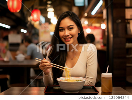 South American woman eating ramen at a Japanese food stall 123064244