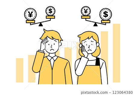 Vector illustration of a couple thinking about the strong and weak yen 123064380