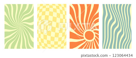 Abstract background 70s retro perspective lines background. Vintage colorful stripes banner, backdrop. 123064434
