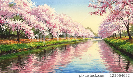 A scene representative of spring in Japan! Rows of cherry blossom trees and a river 123064632