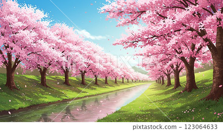 Feel the breath of spring! A landscape painting of rows of cherry blossom trees 123064633