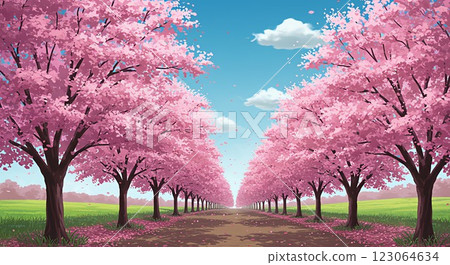 Feel the coming of spring! A landscape painting of rows of cherry blossom trees 123064634