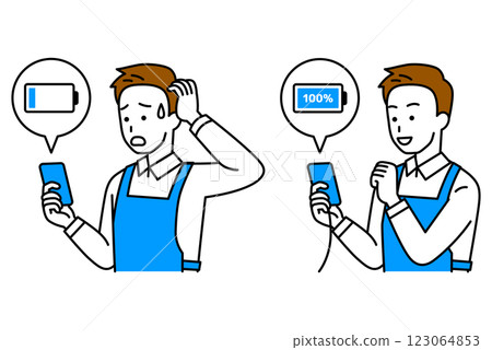 智慧型手機充電,穿圍裙的男人,佈景 智慧型手機充電,穿圍裙的男人,佈景 123064853