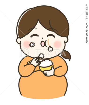A cute illustration of the upper body of a fat woman eating rice deliciously A cute illustration of the upper body of a fat woman eating rice deliciously 123064875