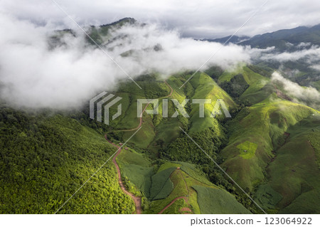 Top view Landscape of Morning Mist with Mountain Layer at north of Thailand. mountain ridge and clouds in rural jungle bush forest 123064922