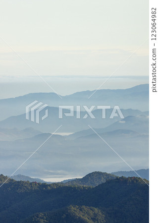 Morning Mist and Viewpoint with Layers of Mountains 123064982