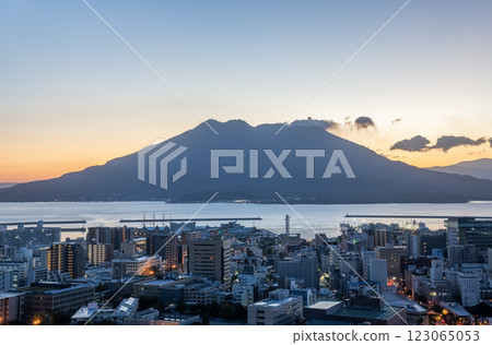 Sakurajima emitting smoke in the morning as seen from the observation deck at Shiroyama Park, Kagoshima City, Kagoshima Prefecture Sakurajima emitting smoke in the morning as seen from the observation deck at Shiroyama Park, Kagoshima City, Kagoshima Prefecture 123065053
