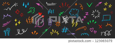 Line movement comic element, cartoon emotion mark effect decoration icon. Hand drawn cute doodle line element arrow, heart, speech bubble. Anime movement, express shape. Vector 123065079