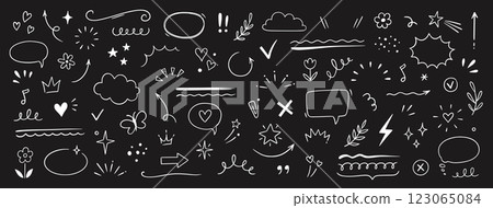 Cute line sketch star, arrow, heart decoration element icon set. Hand drawn sketch doodle cute star, emphasis, flower element. Pen line text decoration shape icon. Chalkboard vector 123065084