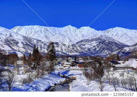 Hakuba Sanzan and Oide Suspension Bridge in winter Hakuba Sanzan and Oide Suspension Bridge in winter 123065157