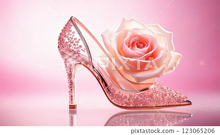 Transparent glass slipper and roses on pink background 123065206