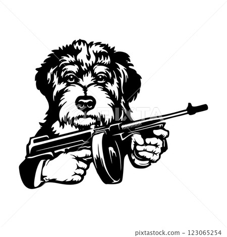 Bad Bernedoodle - dog with gun - vector stencil 123065254