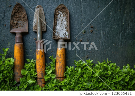 Flat lay drawing lies on a dark background with green grass. Tools are rusty and, apparently, used for digging 123065451