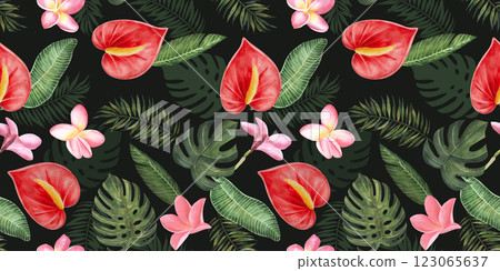 Seamless pattern with anthuriums, plumeria flowers and tropical leaves. Hand drawn watercolor . For decoration, wallpaper, digital paper, fabric, textile. Dark green background 123065637