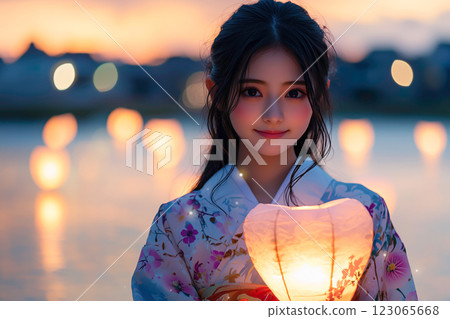 黃昏時分，身穿浴衣的女子在河邊提著燈籠 123065668