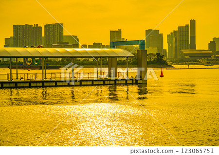 Evening view of Odaiba Kaihin Park water bus platform Evening view of Odaiba Kaihin Park water bus platform 123065751