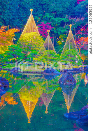 Snow hanging and autumn leaves Snow hanging and autumn leaves 123065935