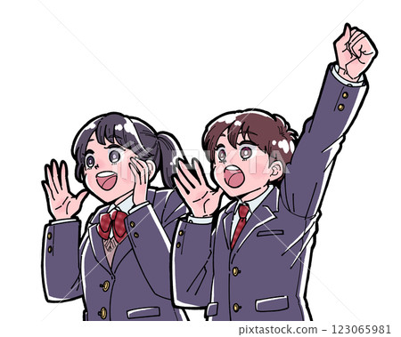 Illustration of two students cheering 123065981