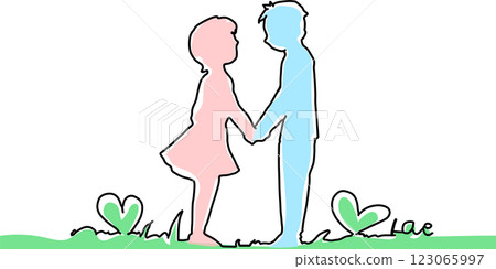 簡單手繪向量插圖，描繪一對年輕男女結婚 123065997