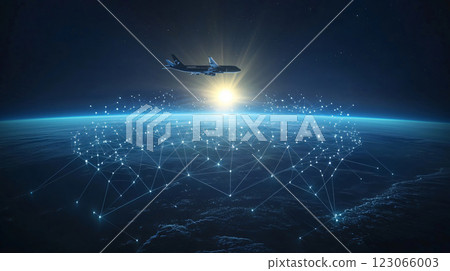 Airplane flying above earth connecting global networks 123066003