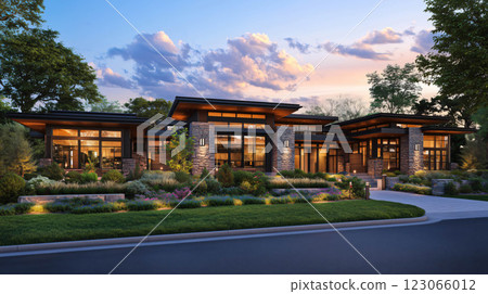 Modern single family home exterior at dusk with dramatic sky 123066012