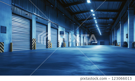 Industrial warehouse interior showing loading docks with closed doors 123066013