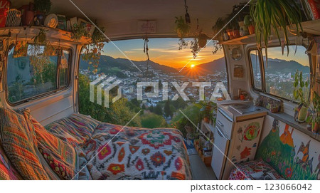 Cozy camper van interior overlooking a city at sunset 123066042