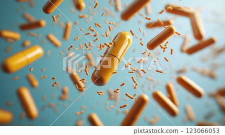 Orange pills and bacteria falling on blue background 123066053